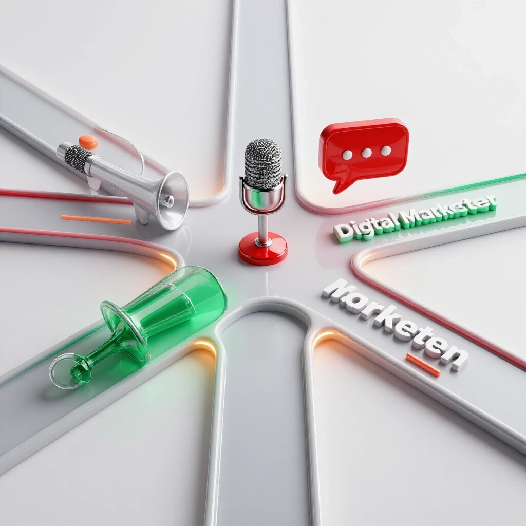 Colorful icons of a microphone, megaphone, and speech bubble at intersecting career paths on a bright background.
