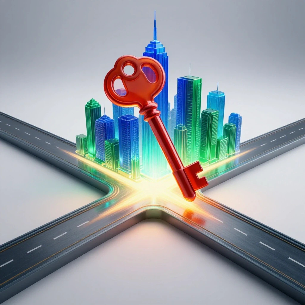A vivid 3D key at a crossroads, one path leading to a glowing city skyline, the other path dimmed, symbolizing how communication skills unlock brighter career opportunities. Highly saturated colors contrast with a bright studio background.
