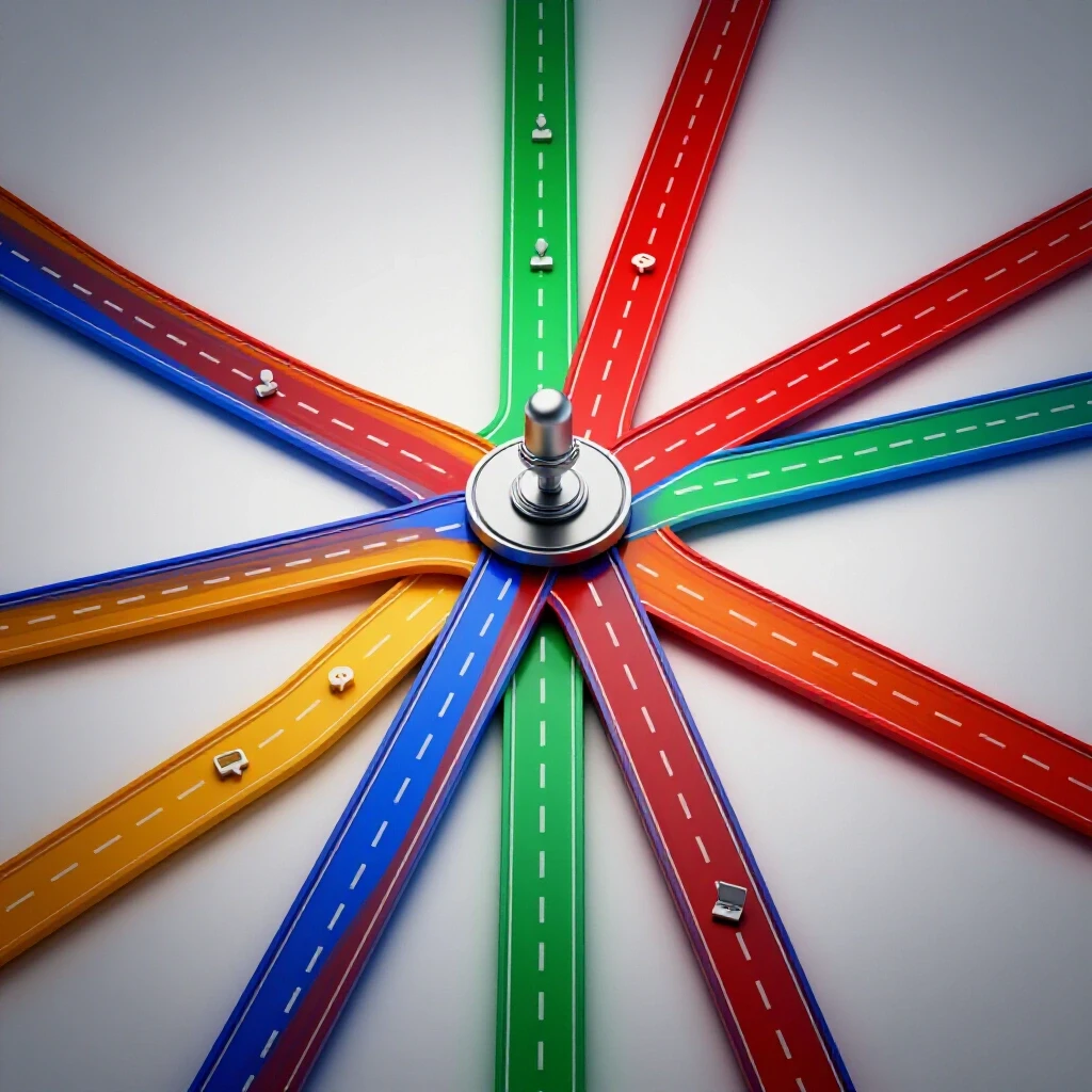 Dynamic crossroads with vibrant pathways branching from a central hub, featuring career symbols on a bright background.