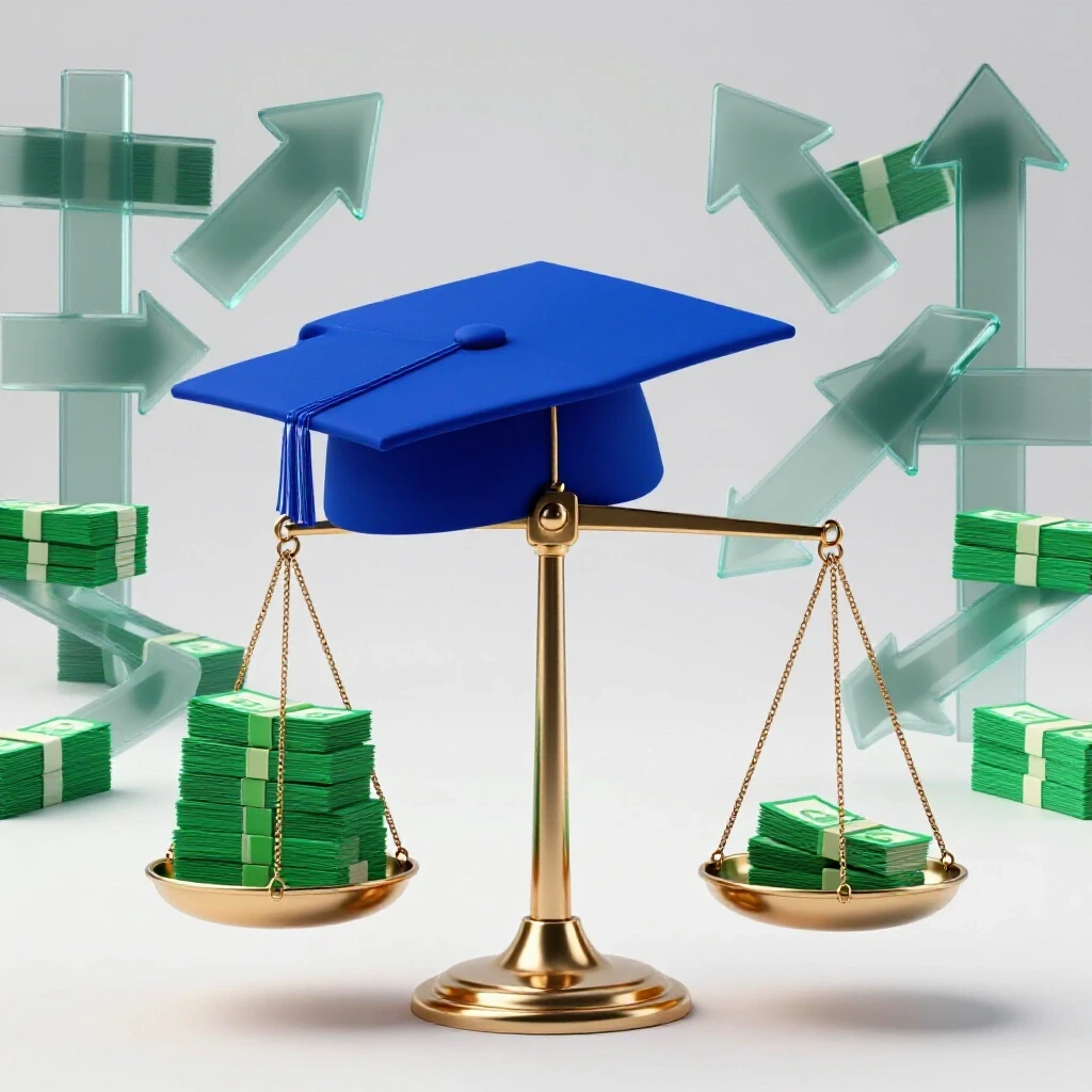 Balanced scale with graduation cap and money, career pathway arrows diverging on a bright background.