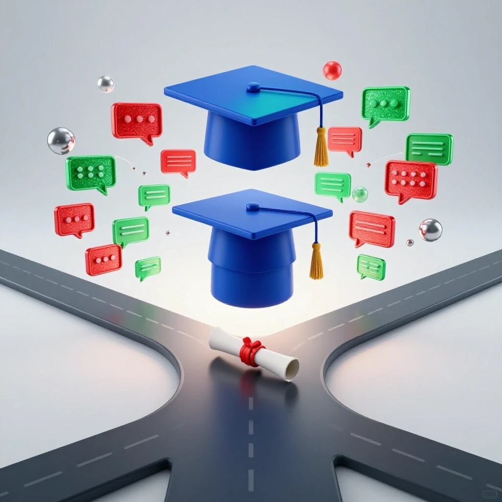 A graduation cap at a crossroads, one path bright and vibrant with conversation icons, the other fading into emptiness.