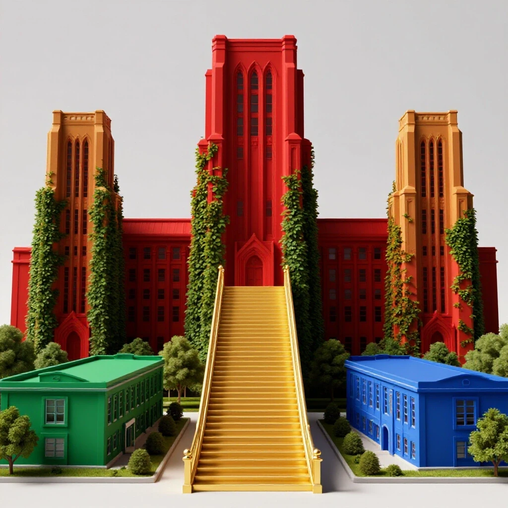Golden staircase links a community college campus to ivy-covered university towers on a bright background.