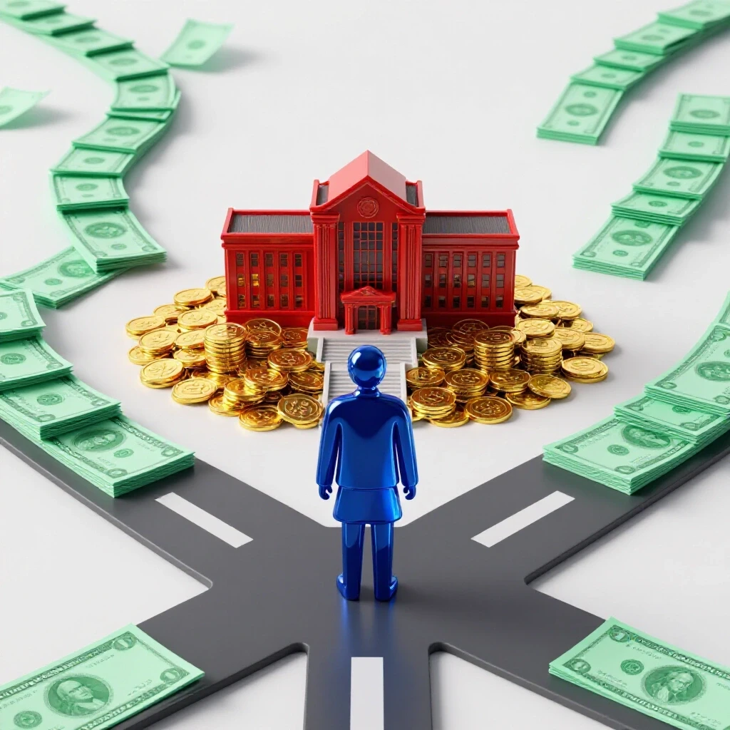 Student at a crossroads between a university on gold coins and a path of shrinking dollar bills, symbolizing college transfer savings.