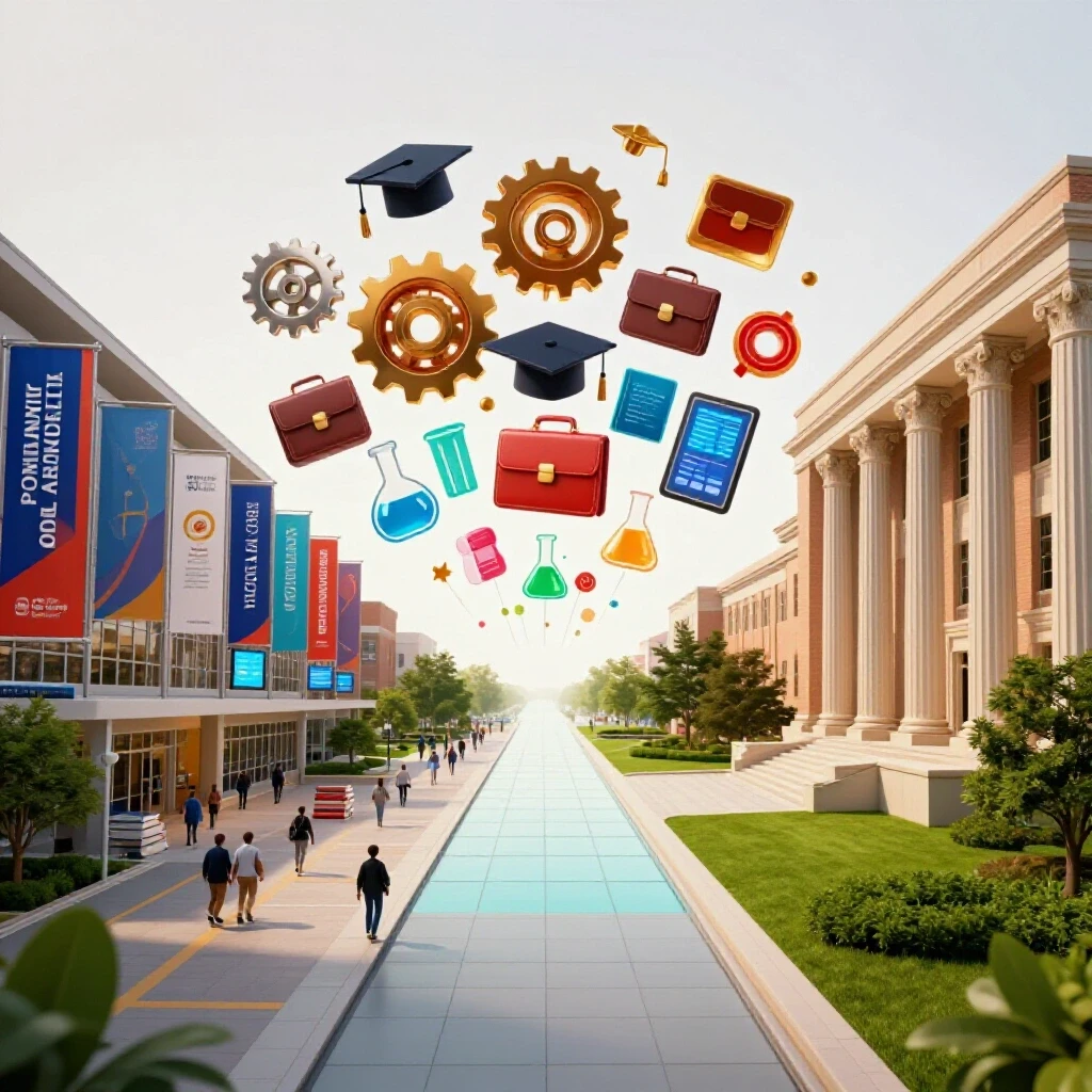 Split scene with modern community college on one side, traditional university on the other, both leading to vibrant career symbols on a luminous white background.