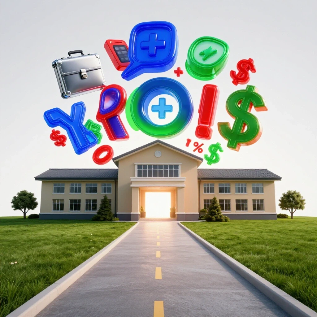 An inviting campus sits at the start of a bright pathway leading to colorful career and finance symbols on the horizon.
