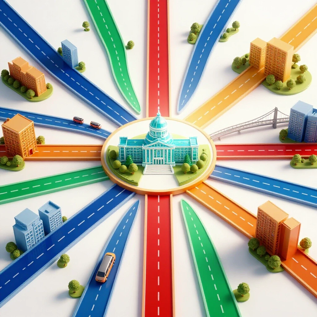 Multiple vibrant city paths converge on a luminous central campus icon over a clean white background.