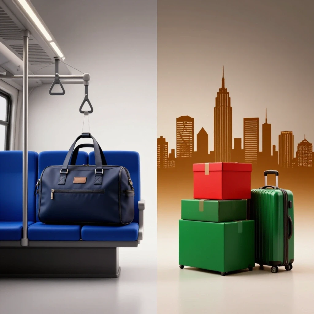 Split scene with commuter bag and train hand strap on one side, moving boxes and suitcase in new city on the other