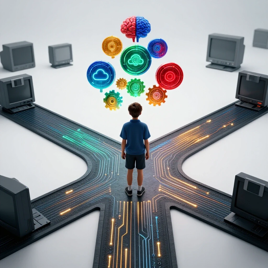 Central crossroads with circuit patterns, paths diverging toward glowing tech icons and shadowy outdated devices, vivid colors, clean bright background.