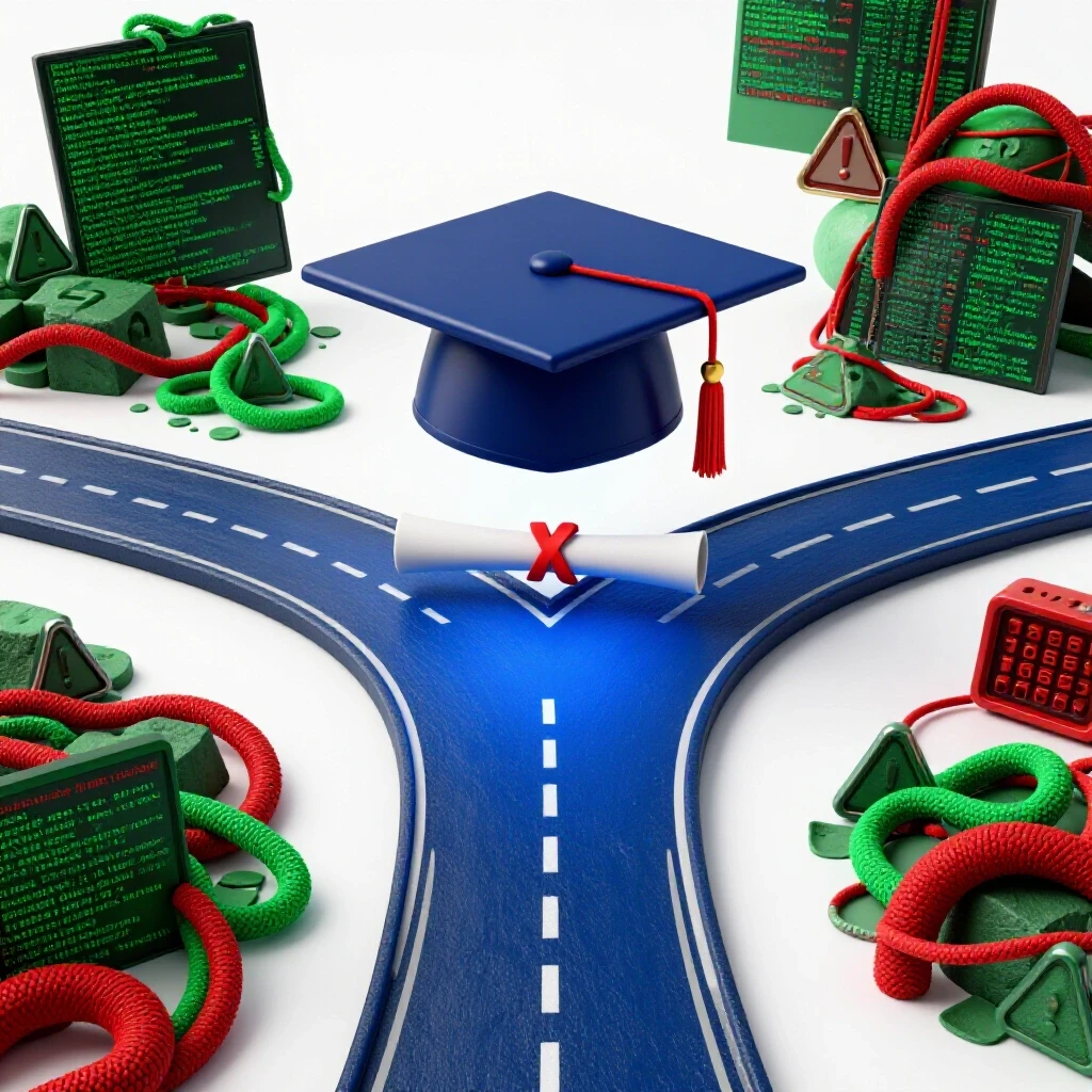A graduation cap and diploma stand at bright crossroads, one path smooth and the other tangled with code and obstacles.