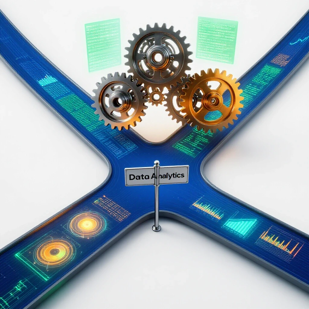A crossroads scene splits toward glowing code with gears on one side and vibrant data charts on the other, set on a bright background.