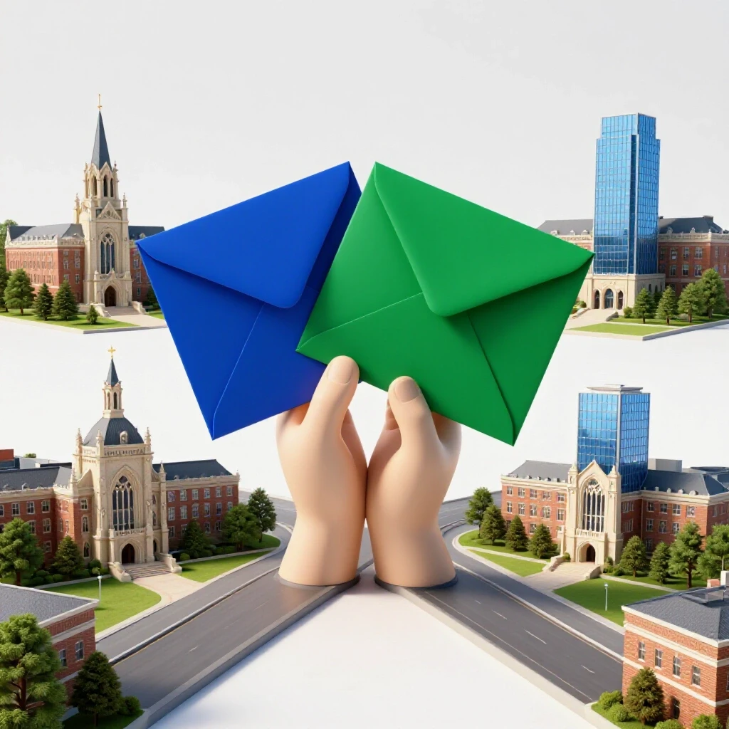 Two vivid envelopes at a crossroads platform with diverging paths leading to different college campuses.