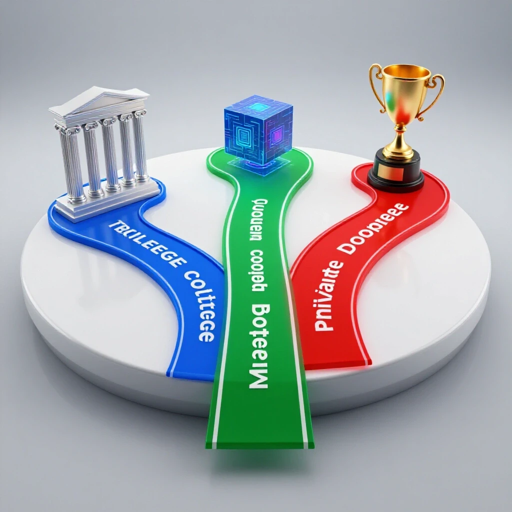 Three vibrant paths diverge on a glossy platform, each leading to unique symbols of college, bootcamp, and private degrees.