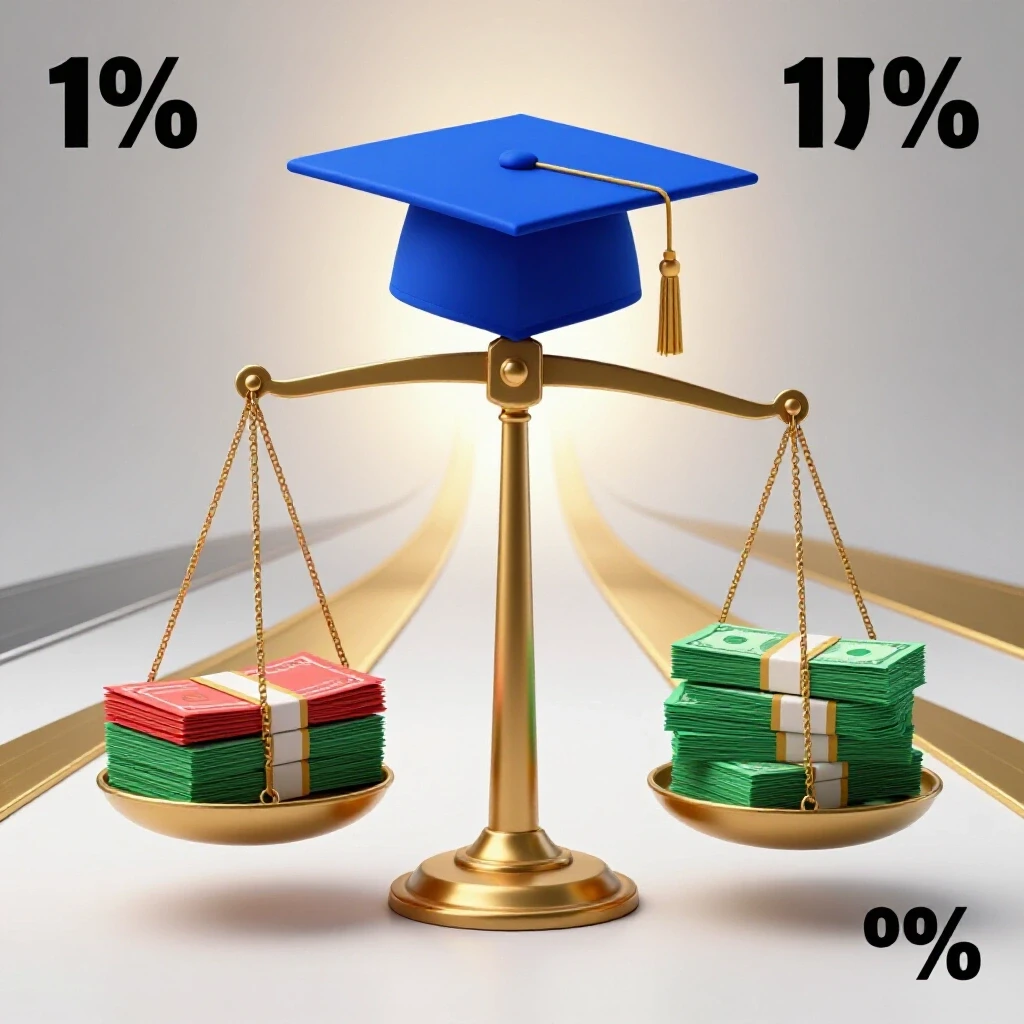 Balanced scale with graduation cap and diploma on one side, money stacks and loan documents on the other, against bright backdrop with diverging paths.