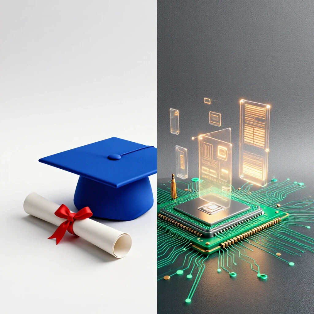 Split scene with a glossy blue graduation cap and diploma on one side, metallic AI circuits and holographic data on the other