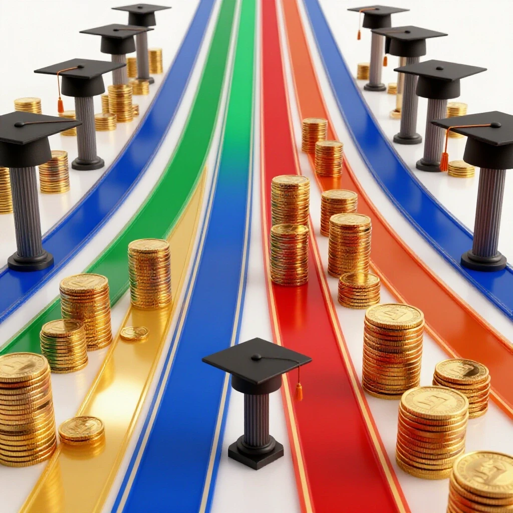 Split pathways from graduation caps leading to coin stacks of different heights on a bright white background.