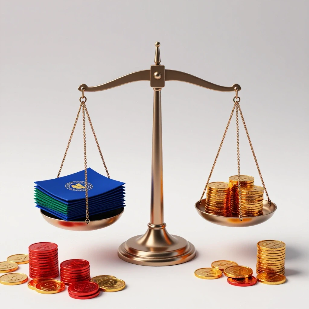 Balanced scale with colorful college diplomas on one side and vibrant coin stacks on the other in a well-lit scene.