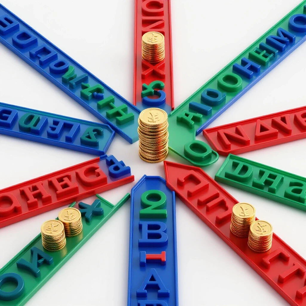 A crossroads with vibrant paths paved in mathematical symbols, leading to different height stacks of gold coins on a bright background.