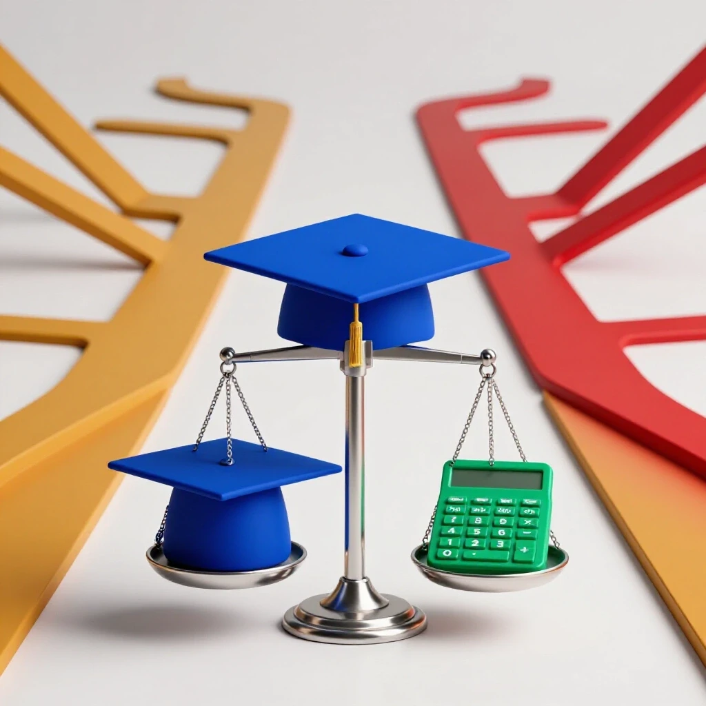 A balanced scale with a graduation cap and calculator on each side, set against diverging career paths.