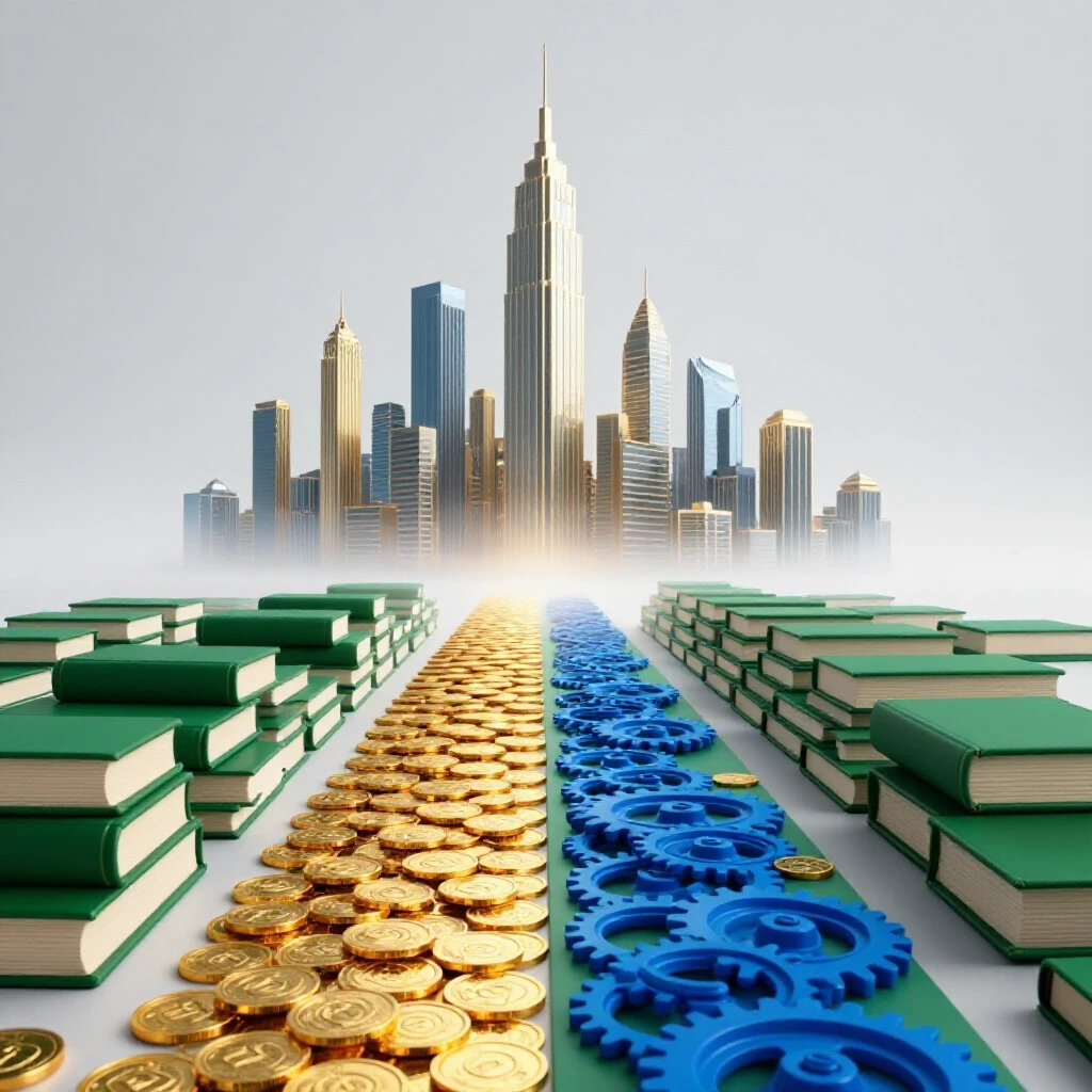 Split pathway with golden coins leading to a bright city and books with gears fading into a misty horizon.