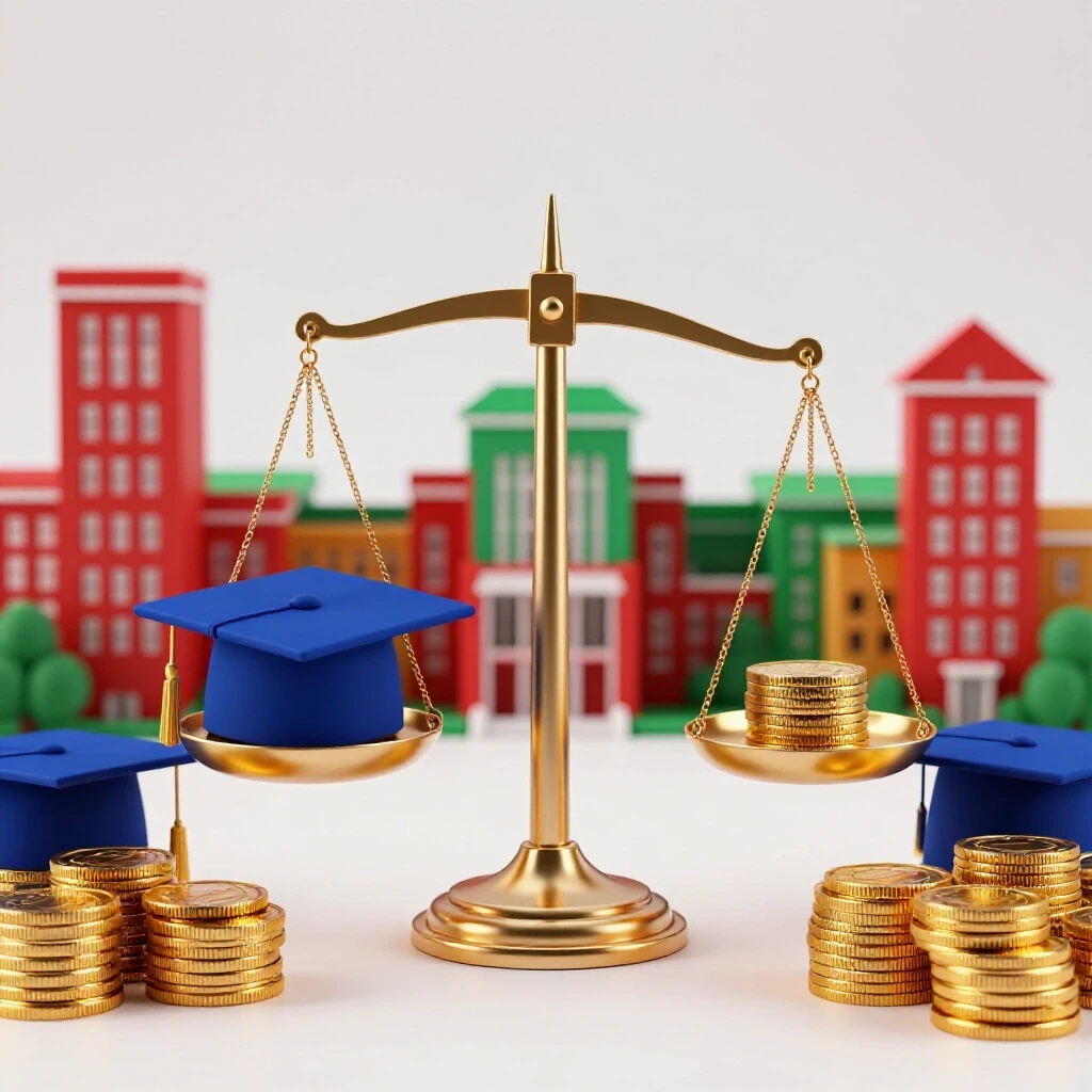 A balanced metallic scale with blue graduation caps on one side, gold coins on the other, set against colorful college campuses.