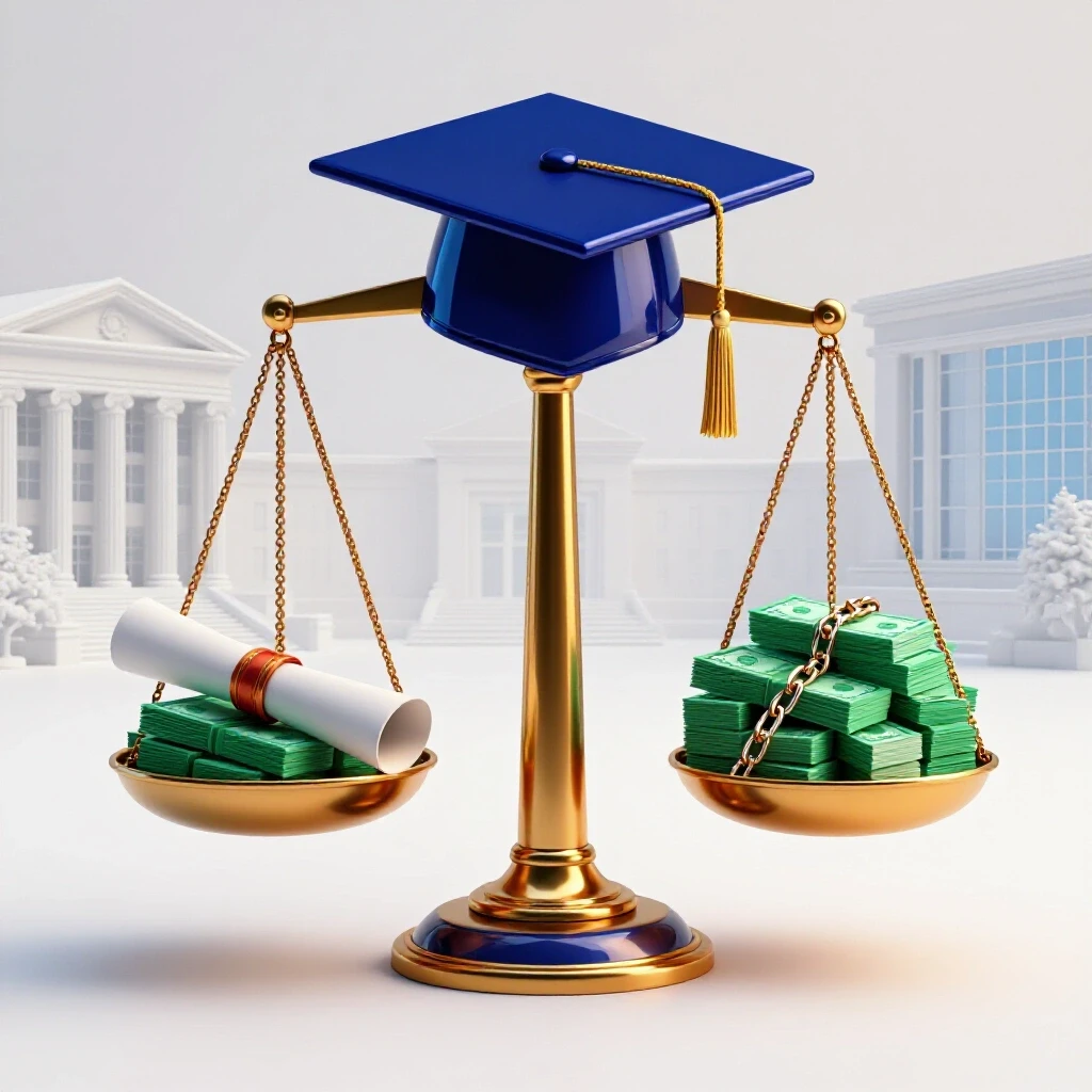 Balanced scale with graduation cap and diploma on one side, money and broken debt chains on the other, set before bright college campus backdrop.