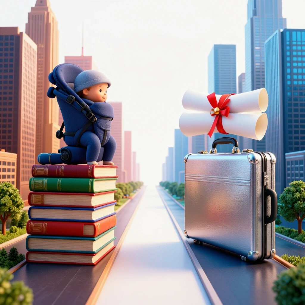 Split scene with family-bound student balancing textbooks and baby on one path, diploma and briefcase on another, each leading to contrasting city skylines under different lighting.