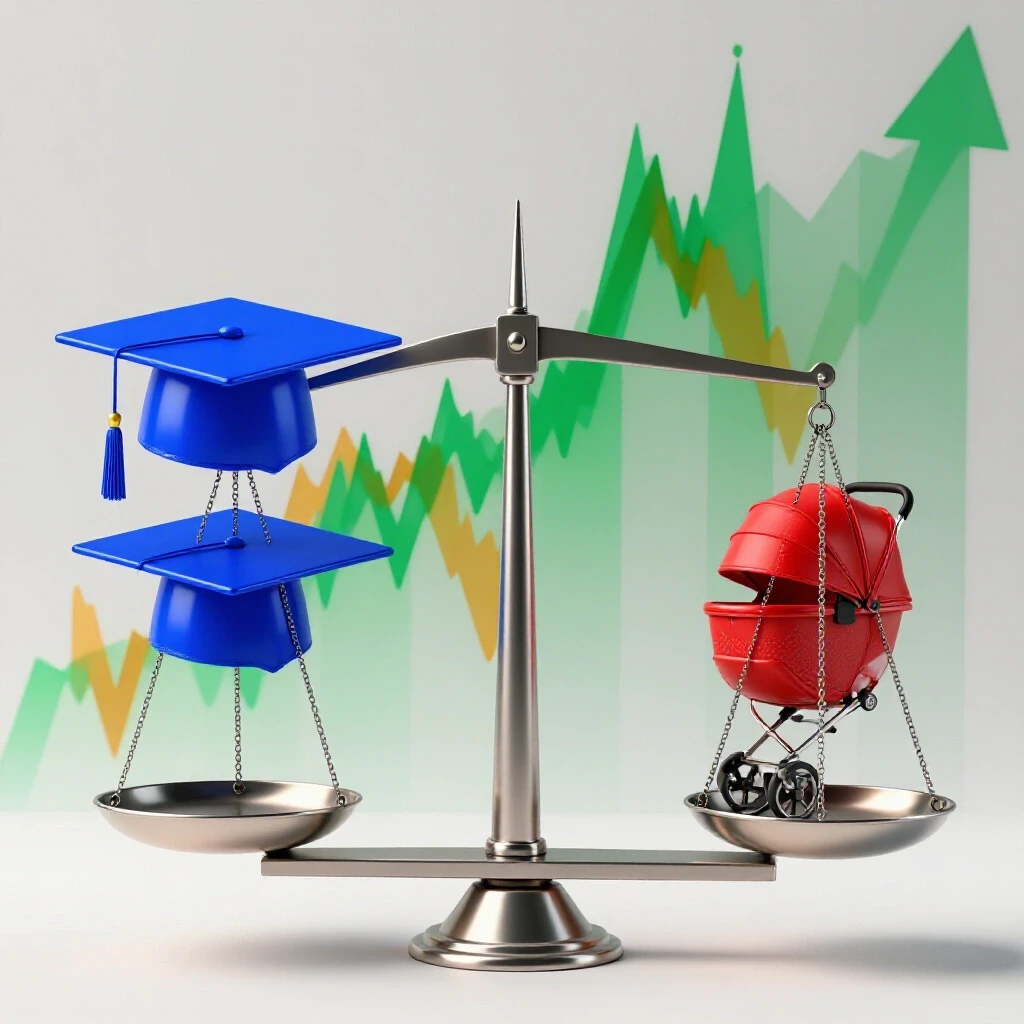 A metallic balance scale with a blue graduation cap and red baby stroller, set before dynamic financial graphs.