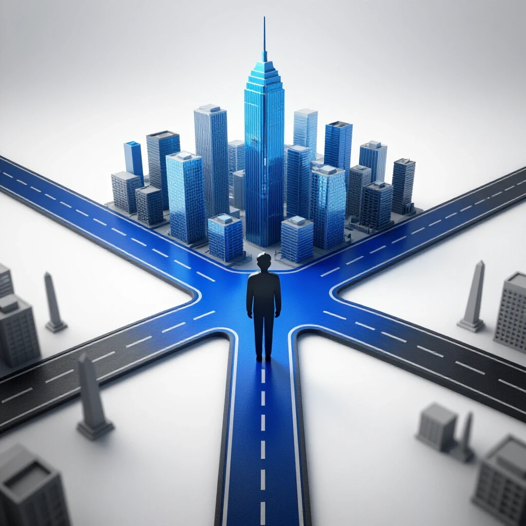 Central metallic silhouette at a crossroads with one path to a bright cityscape and the other to a gray, fatigued landscape on a luminous background.