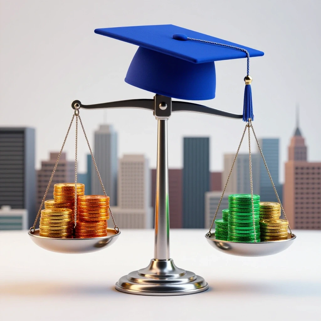 A balanced scale with a graduation cap on one side and stacks of coins on the other, with diverse city skylines in the background.