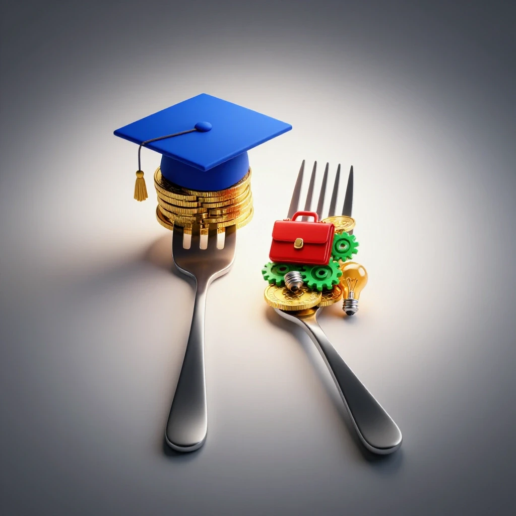 A forked path leading to a graduation cap on coins on one side and vibrant professional icons on the other, on a bright background.