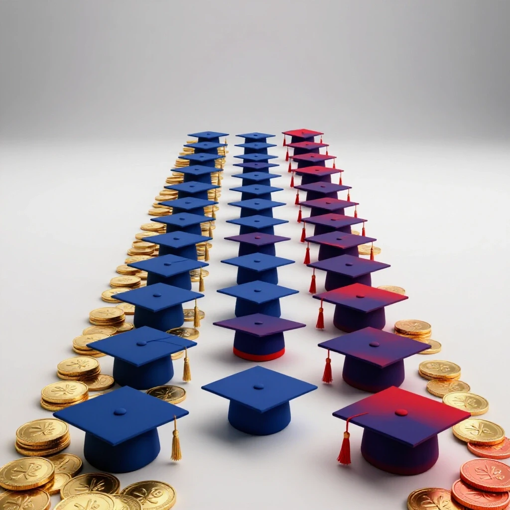 Two diverging paths—one lined with gold coins and the other with vibrant graduation caps—on a luminous background.