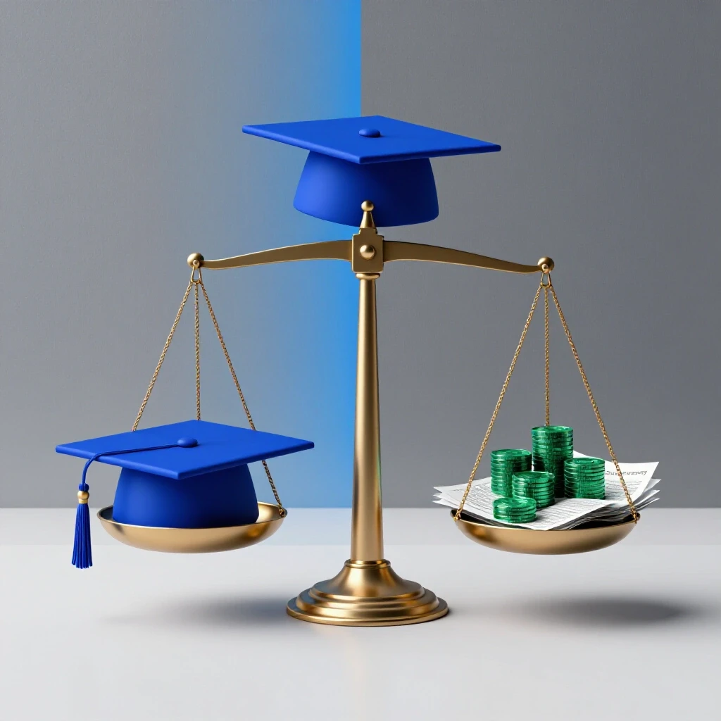 Balanced scale with graduation cap on one side and coins with erased loan papers on the other, against a split blue and gray background.