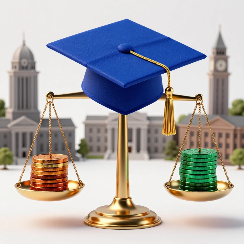 A balanced scale with a graduation cap on one side and stacked coins on the other, set against diverse university campuses.