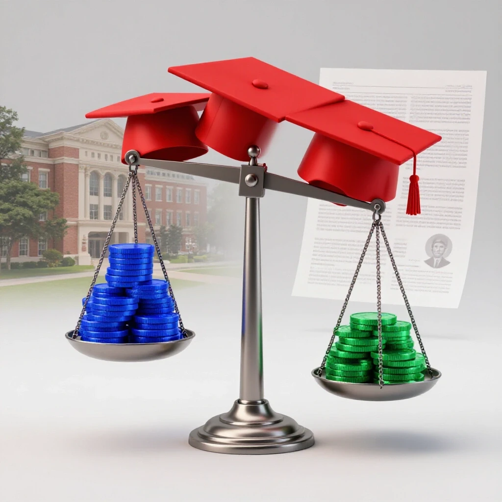 Balance scale with coins and graduation caps, set against a split backdrop of a university campus and financial documents.