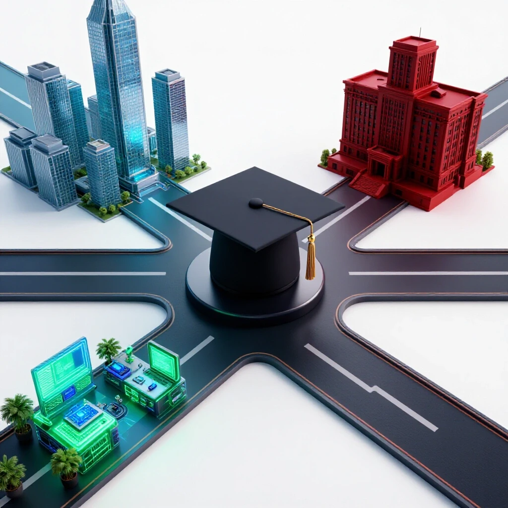 A graduation cap at a crossroads with three vivid paths leading to contrasting workplaces on a bright background.