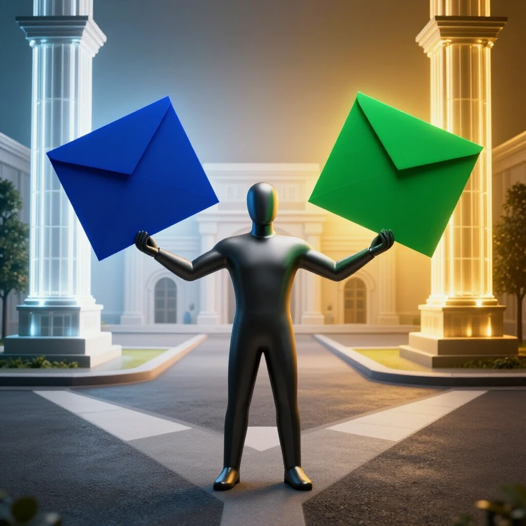 Central figure at a crossroads holding two glowing offer letters in deep colors with distant university landmarks.