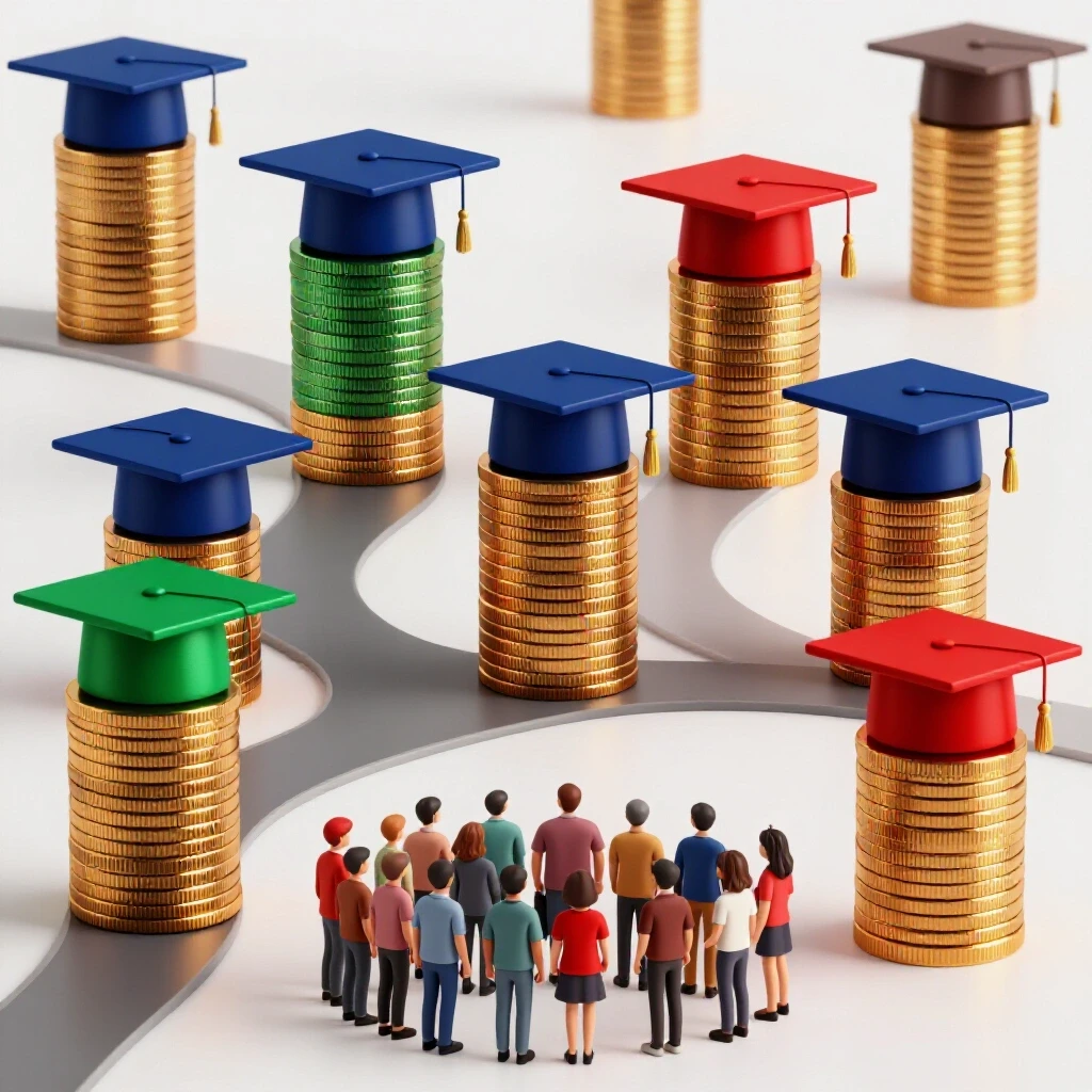 A group of student figures at the base of winding paths leading to graduation caps on colorful coin stacks, symbolizing degree earnings comparison.