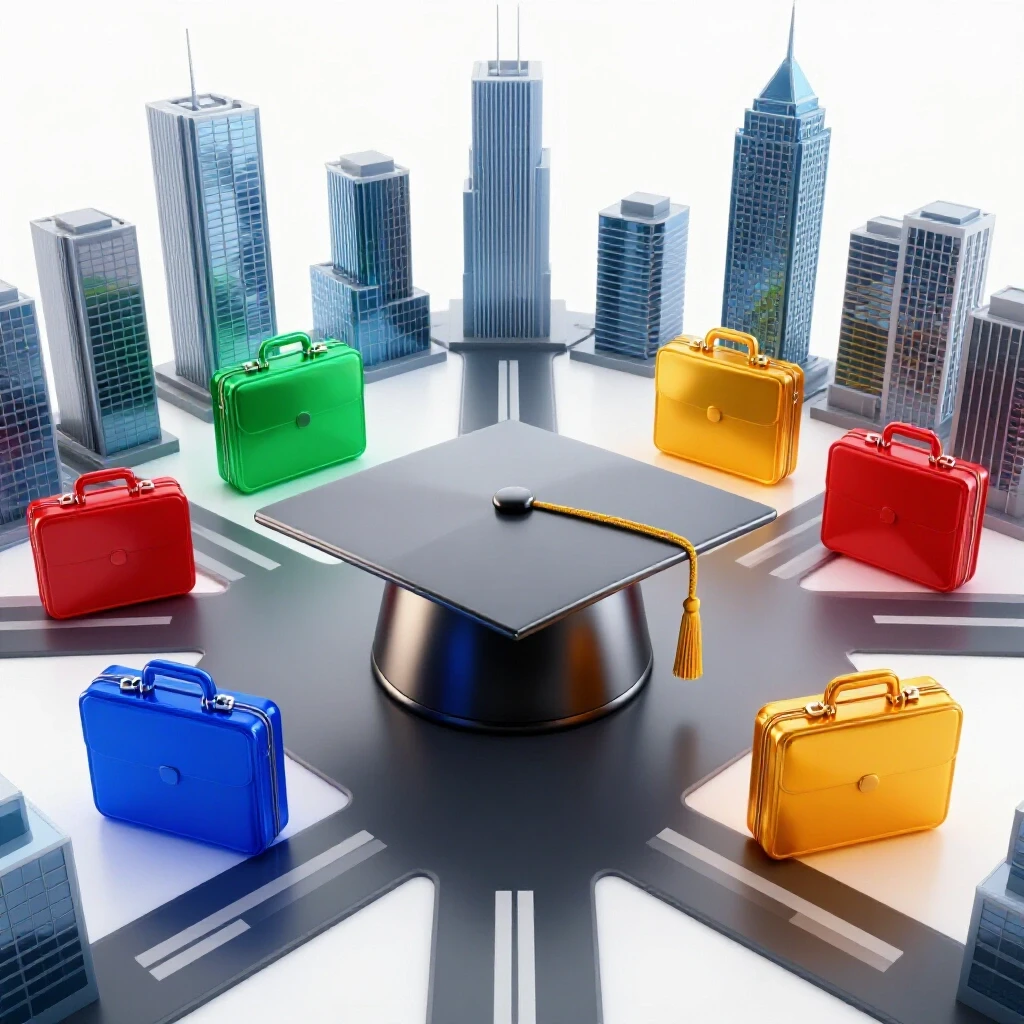 Shiny graduation cap at a crossroads with glowing colored briefcases and city skylines on a bright background