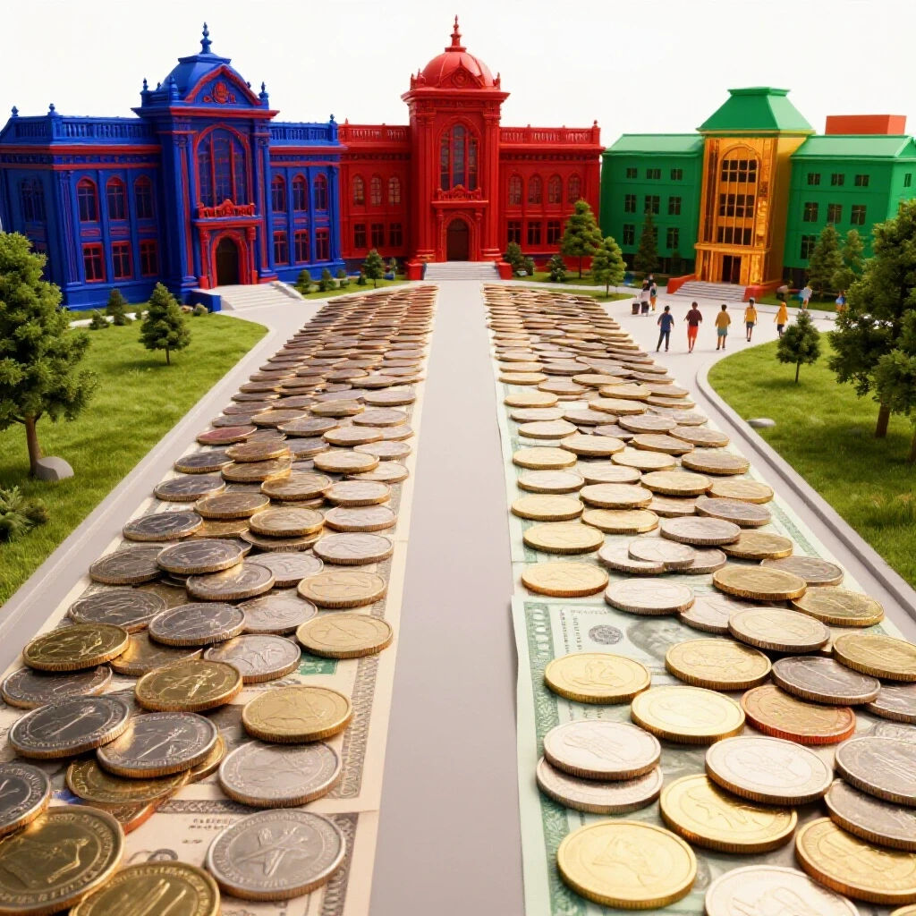 Two diverging paths with coins and bills leading to a grand building and a bustling campus, both on a bright background.