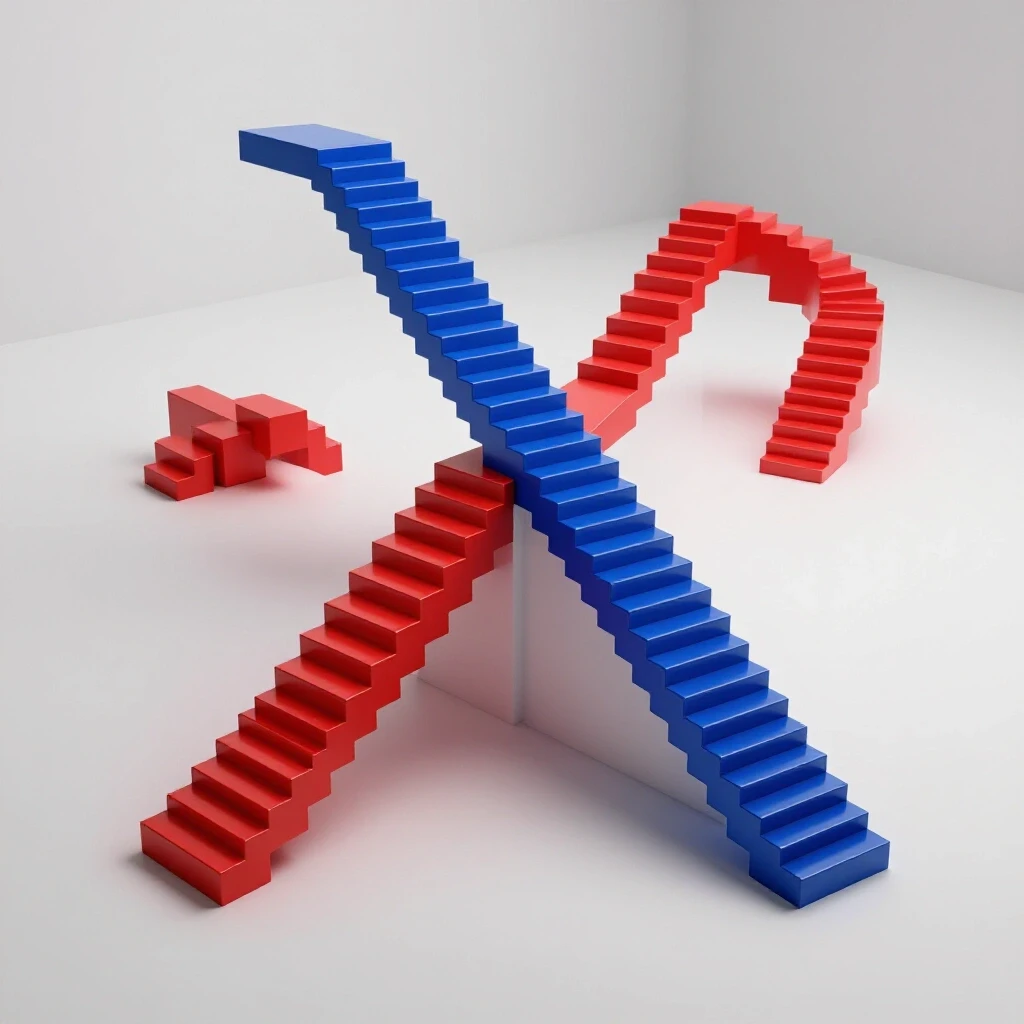 Two contrasting colored staircases, blue and red, branching at a central point, symbolizing different program structures on a bright white background.