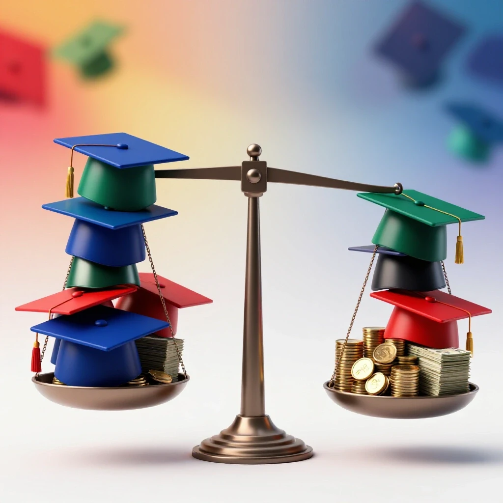 A balanced scale with colorful graduation caps on one side and stacks of coins and bills on the other, set against a bright, softly split backdrop symbolizing opportunity and uncertainty.
