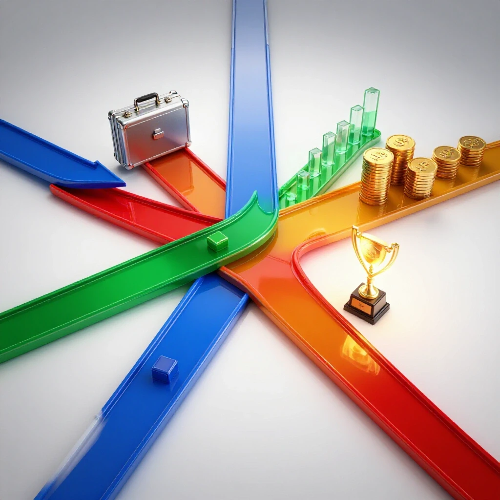 Colorful crossroads with four distinct paths leading to symbols of career success and wealth, set on a bright white background.
