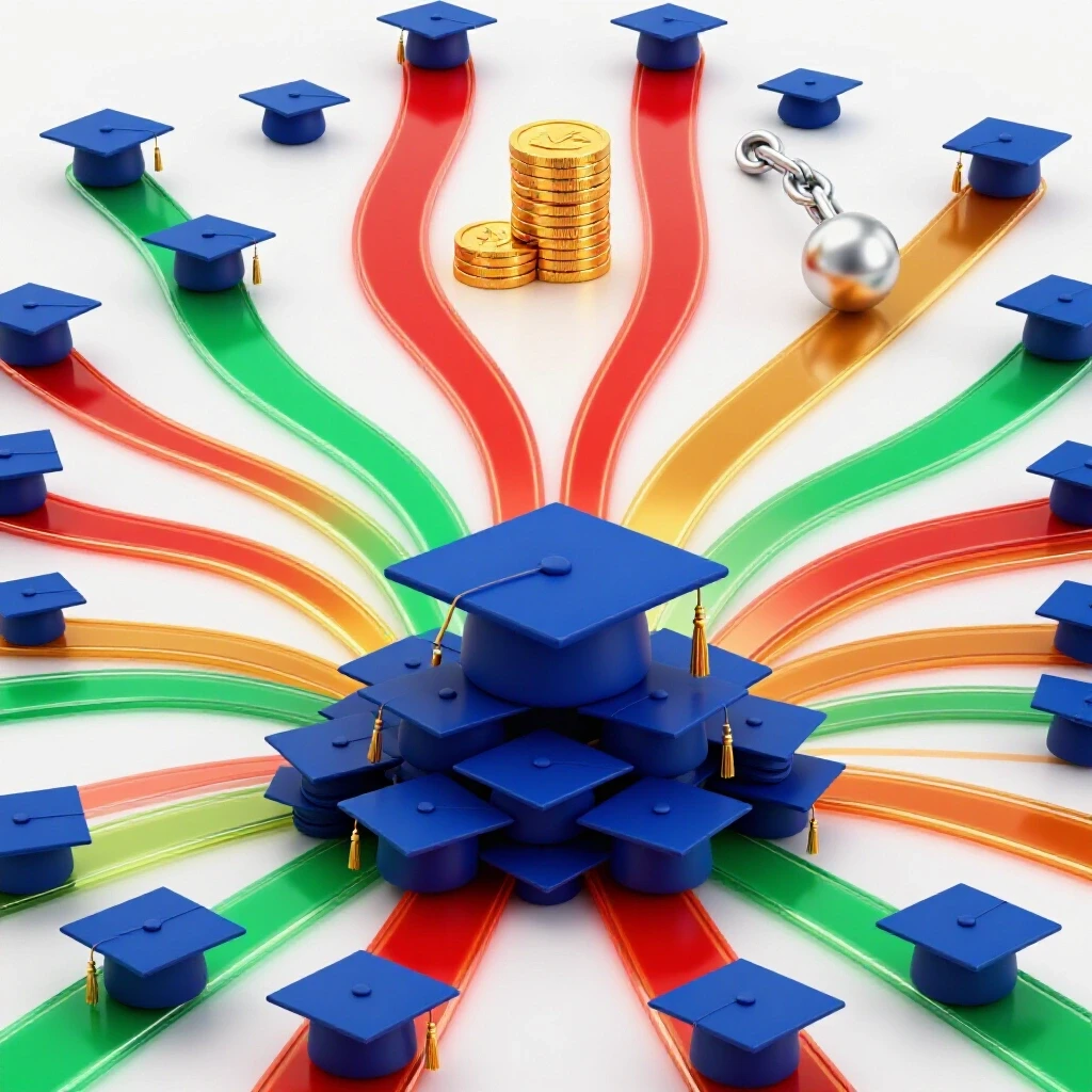 Graduation caps at the center with glowing colored paths branching out toward symbols of wealth and debt on a bright background.