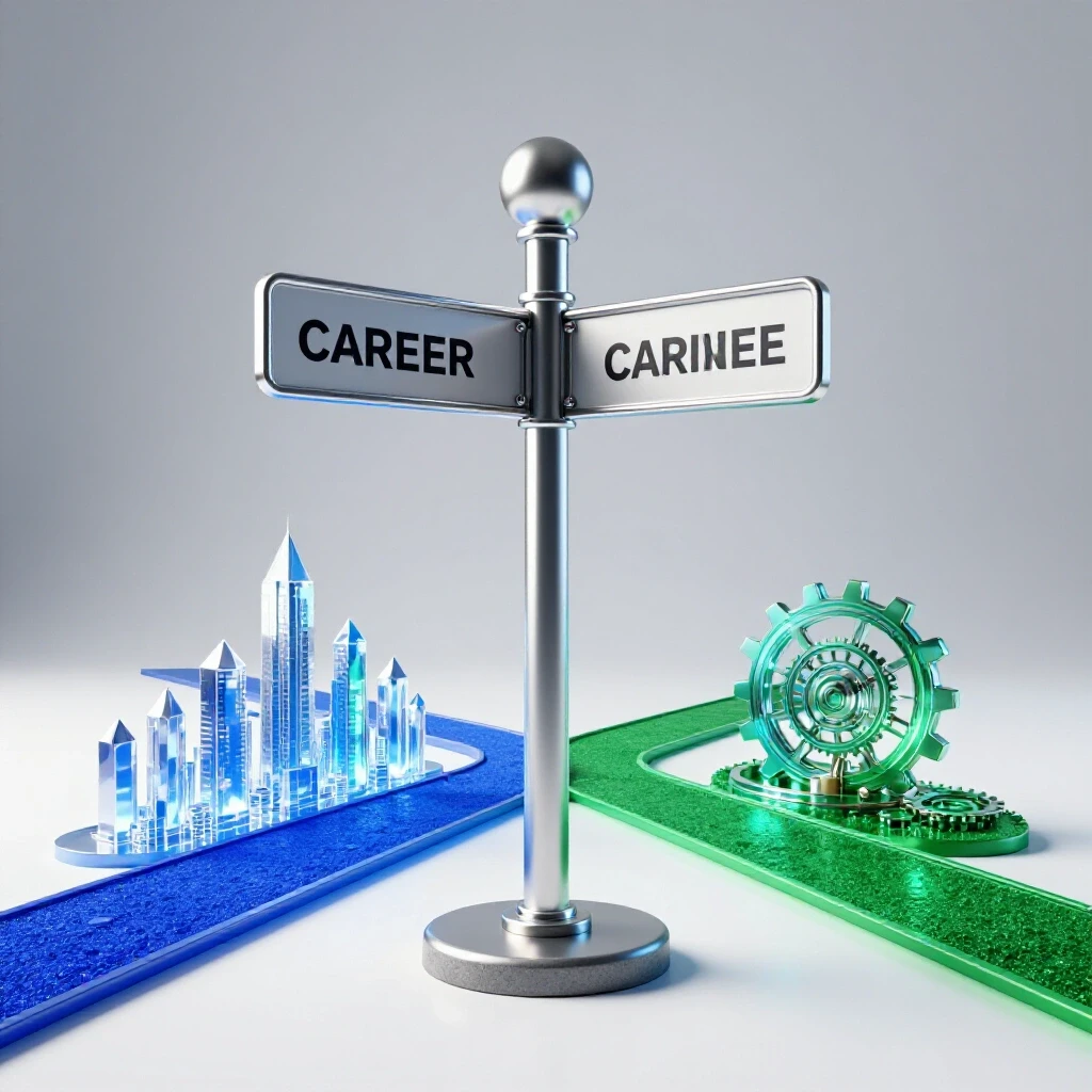Two vibrant diverging colored paths from a central signpost, each leading to contrasting symbolic career destinations, set against a bright background.