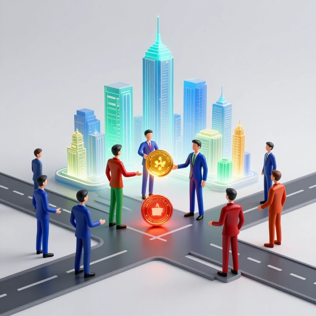 A futuristic crossroads with dynamic abstract figures exchanging glowing skill tokens, set against a bright cityscape background.