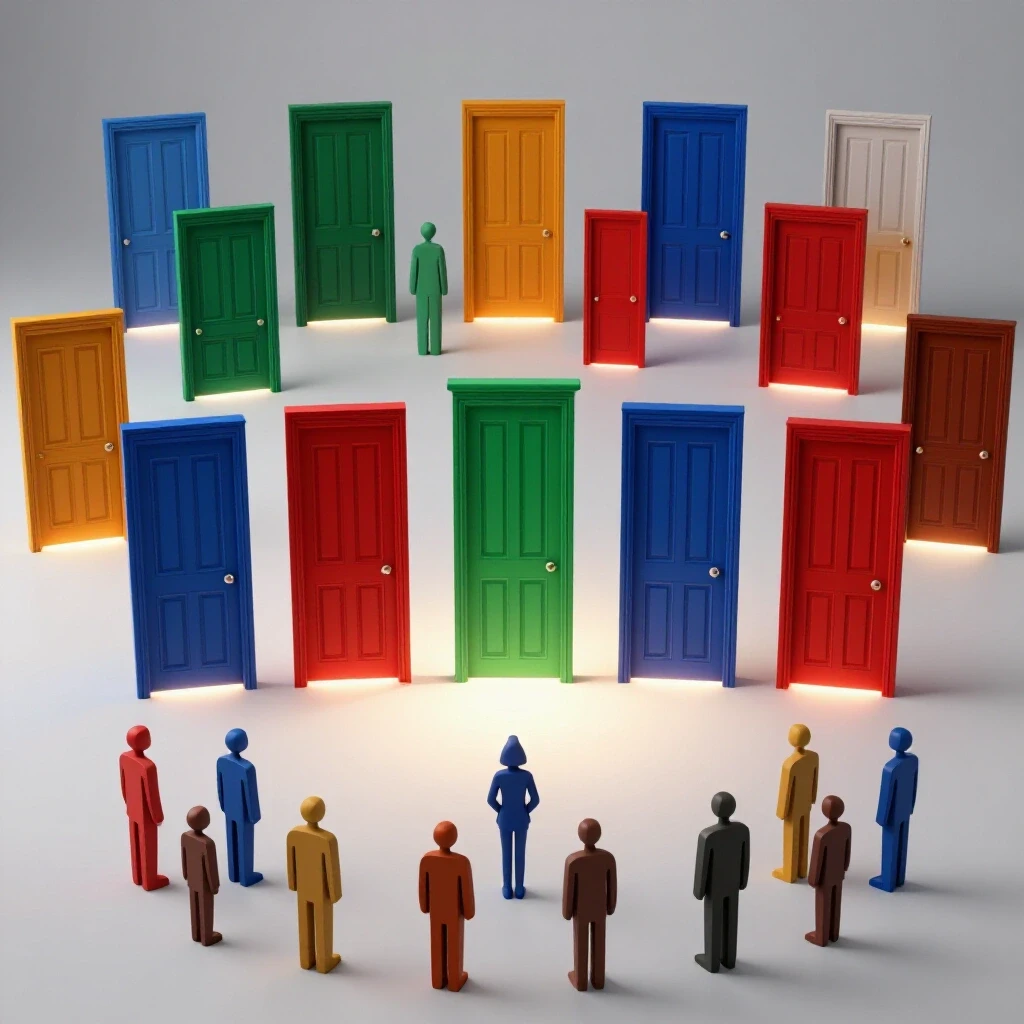 Vivid doors of deep colors illuminated on a bright background with diverse symbolic figures facing them, symbolizing exam pathways.