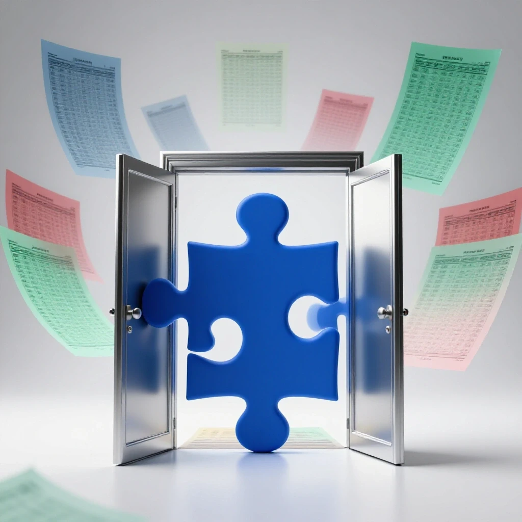 A glowing blue puzzle piece-shaped transcript opens a metallic door of opportunity, with faded test scores in the background.