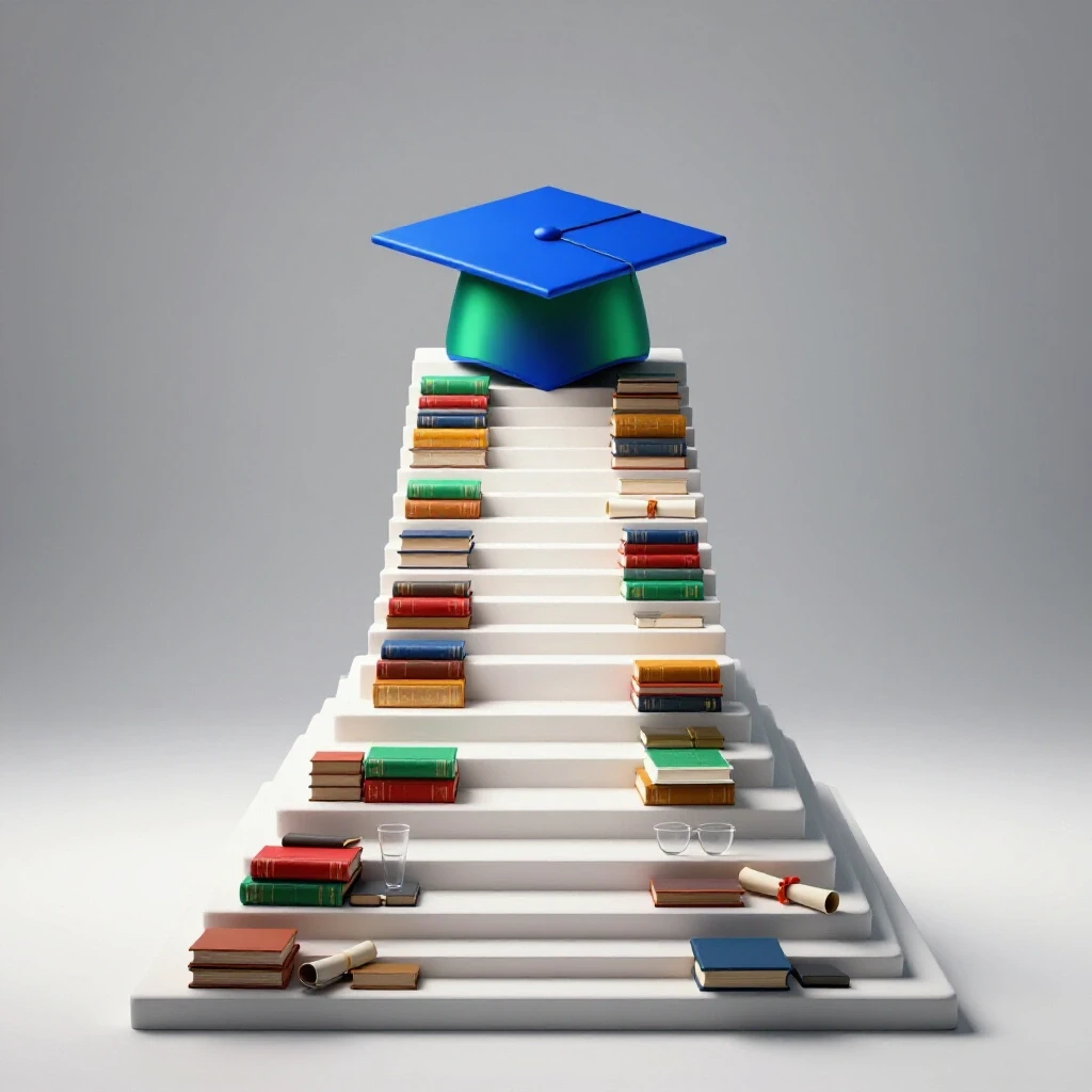 A split staircase with bright and shadowed paths, leading to a graduation cap atop the brightly lit side, surrounded by vibrant educational symbols.