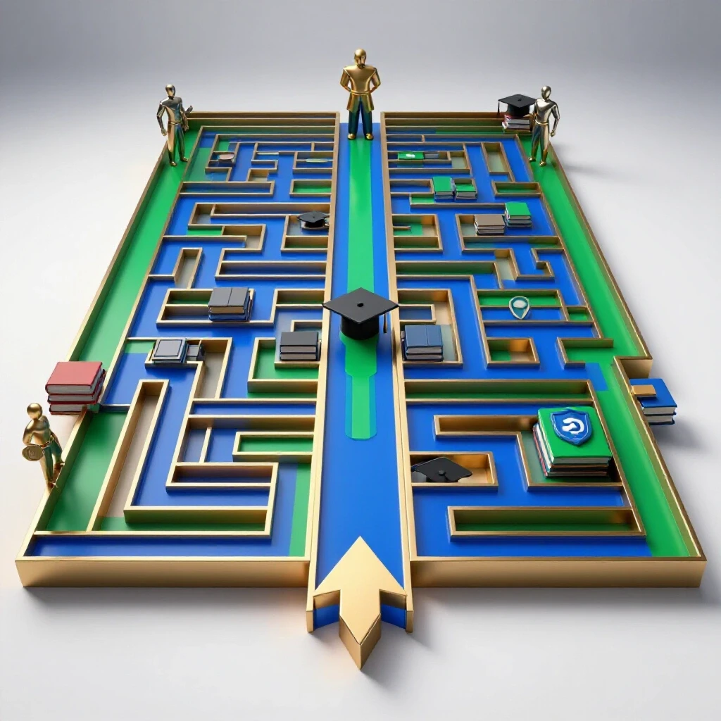 Glossy 3D maze path lined with school symbols and abstract guardians on a luminous white background.