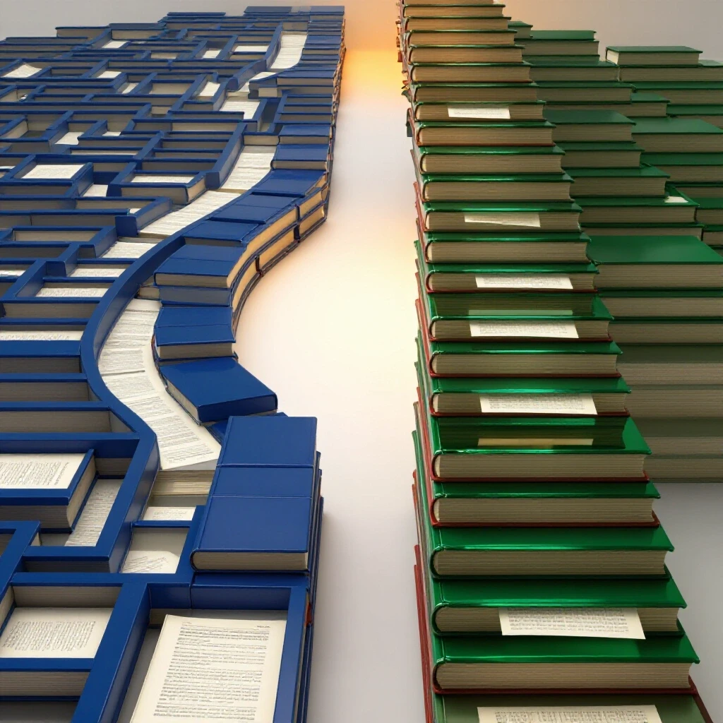 A split path shows a maze of books and tests on one side and a staircase of research papers on the other, symbolizing different master's degree pathways.